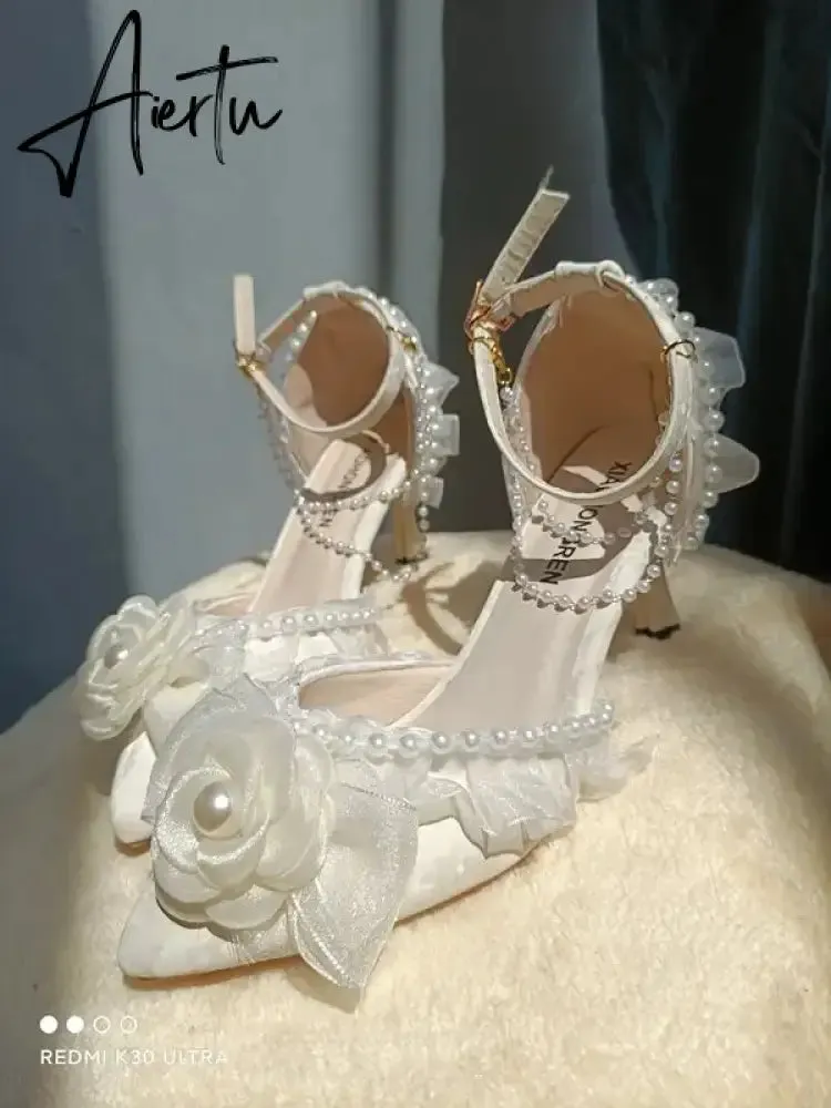 Aiertu Lolita elegant party dresses for women 2024 wedding bridal shoe pointed toe heels Pretty shoes designer ladies heel beige high-e