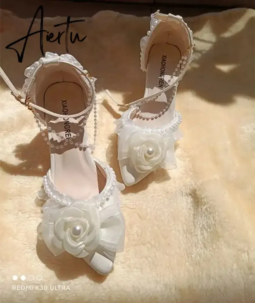 Aiertu Lolita elegant party dresses for women 2024 wedding bridal shoe pointed toe heels Pretty shoes designer ladies heel beige high-e