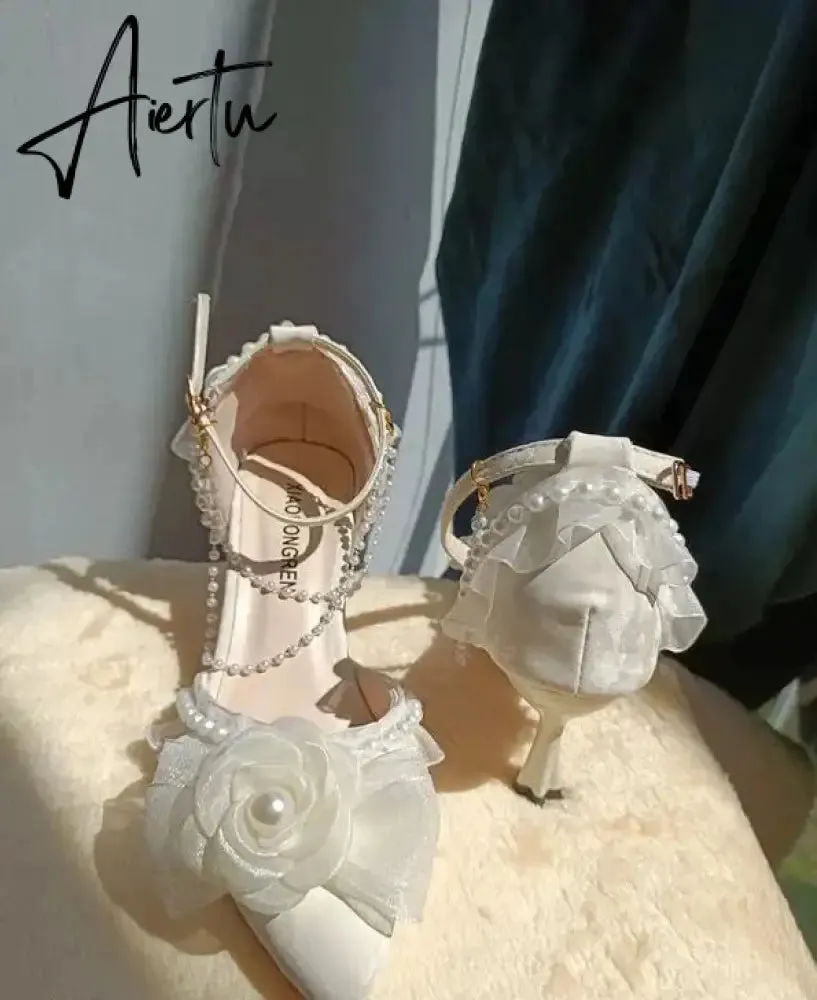 Aiertu Lolita elegant party dresses for women 2024 wedding bridal shoe pointed toe heels Pretty shoes designer ladies heel beige high-e