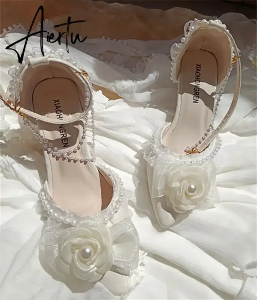 Aiertu Lolita elegant party dresses for women 2024 wedding bridal shoe pointed toe heels Pretty shoes designer ladies heel beige high-e