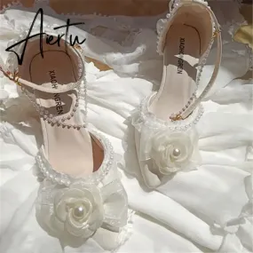 Aiertu Lolita elegant party dresses for women 2024 wedding bridal shoe pointed toe heels Pretty shoes designer ladies heel beige high-e