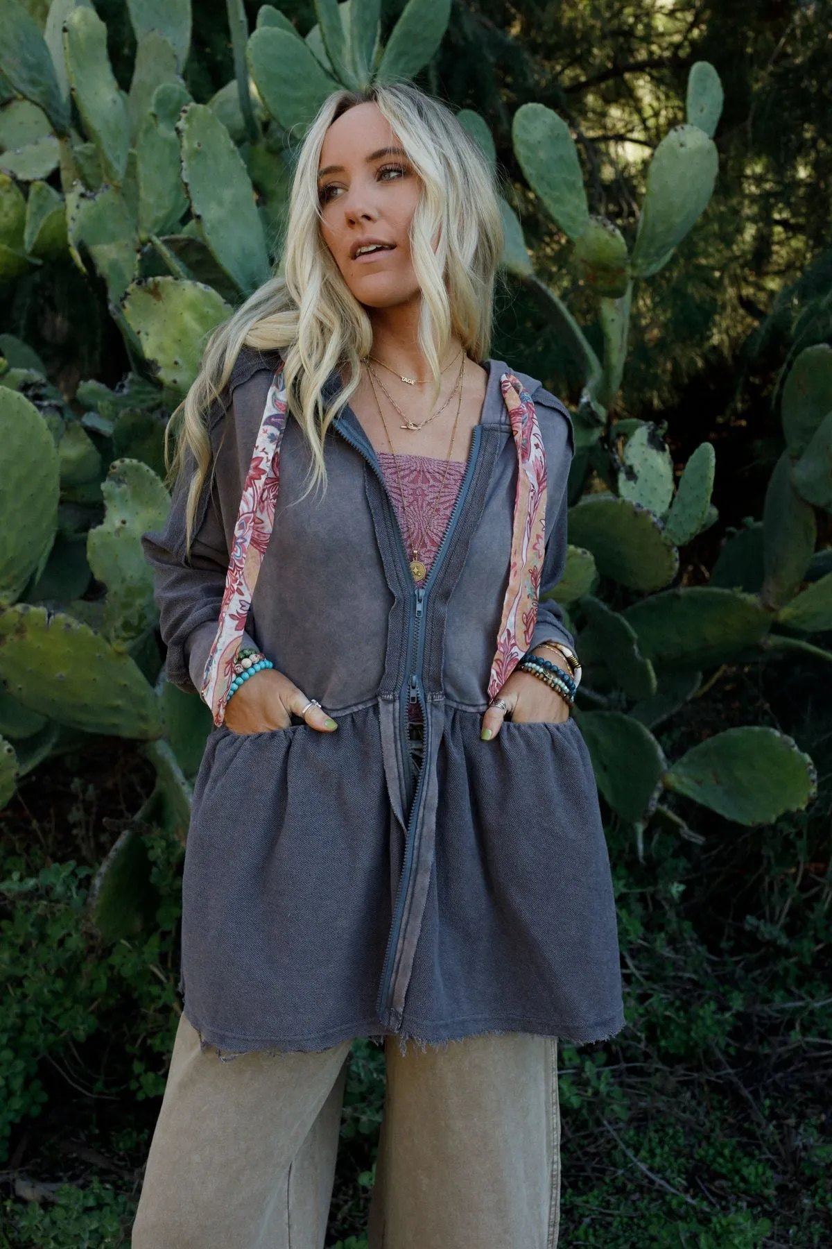 Annie Zip Up Hoodie Shacket - Gray