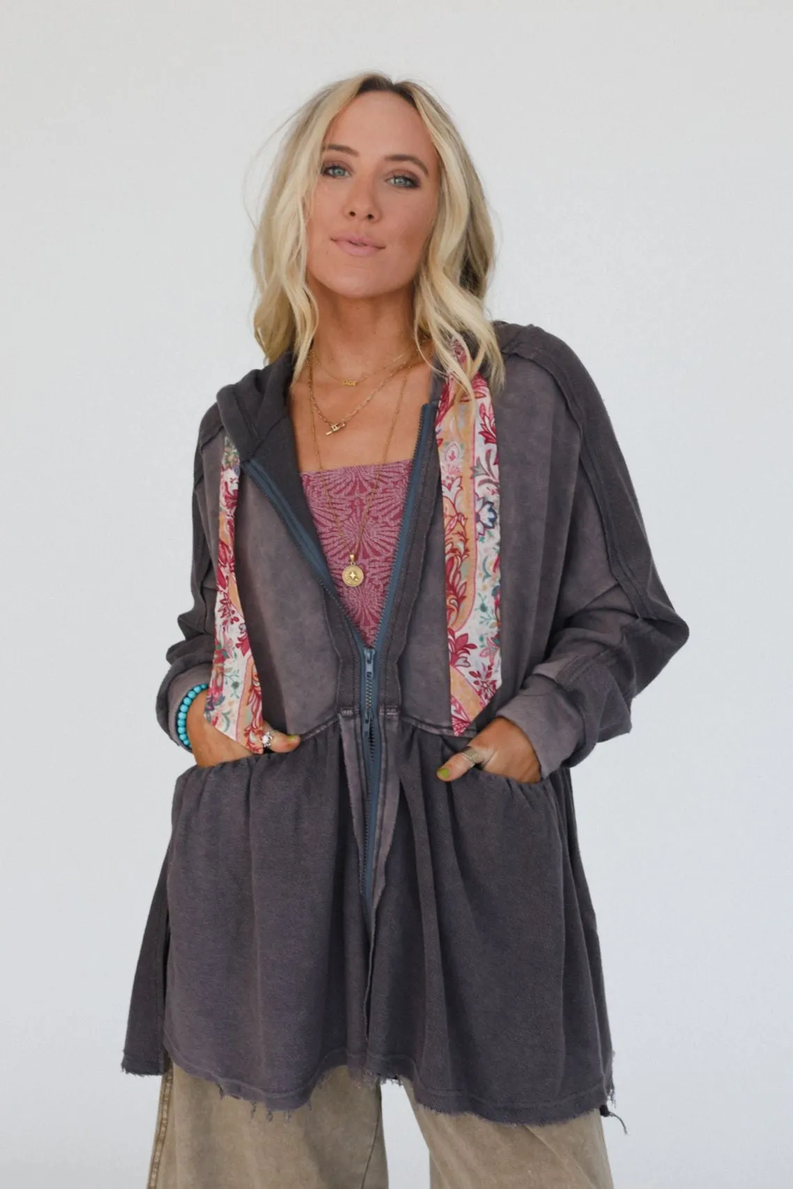 Annie Zip Up Hoodie Shacket - Gray
