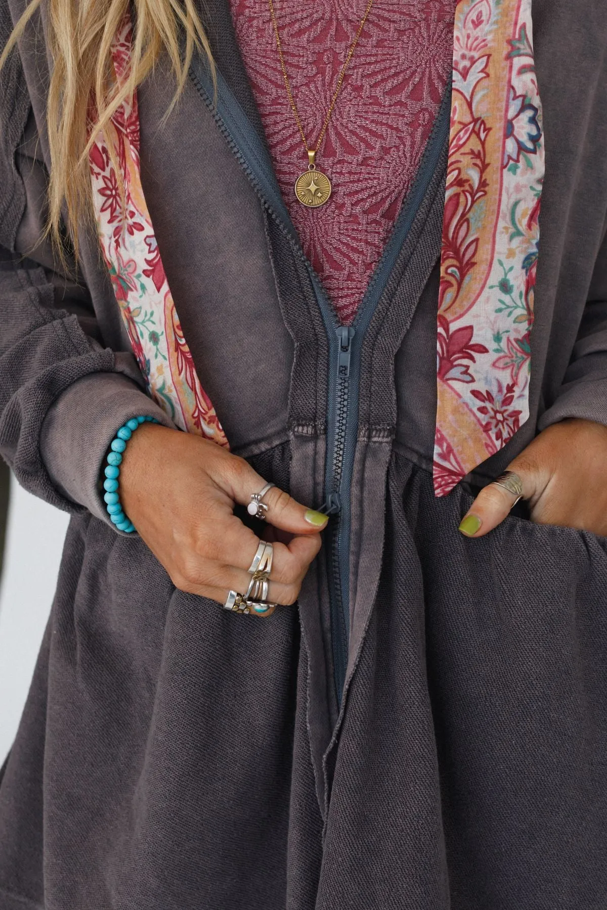 Annie Zip Up Hoodie Shacket - Gray