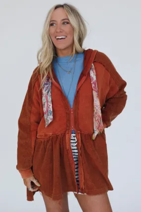 Annie Zip Up Hoodie Shacket - Rust