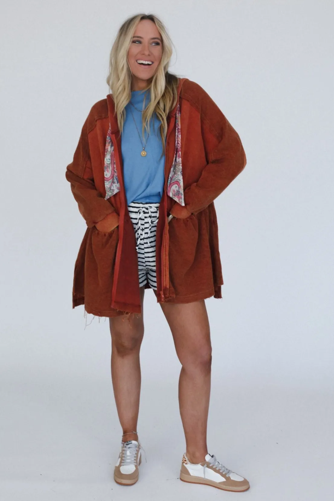 Annie Zip Up Hoodie Shacket - Rust