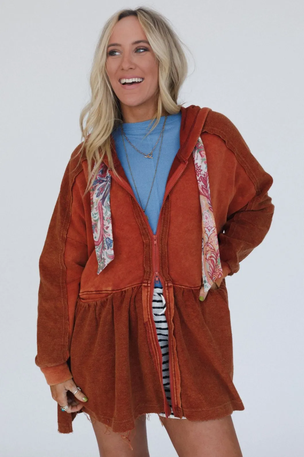 Annie Zip Up Hoodie Shacket - Rust