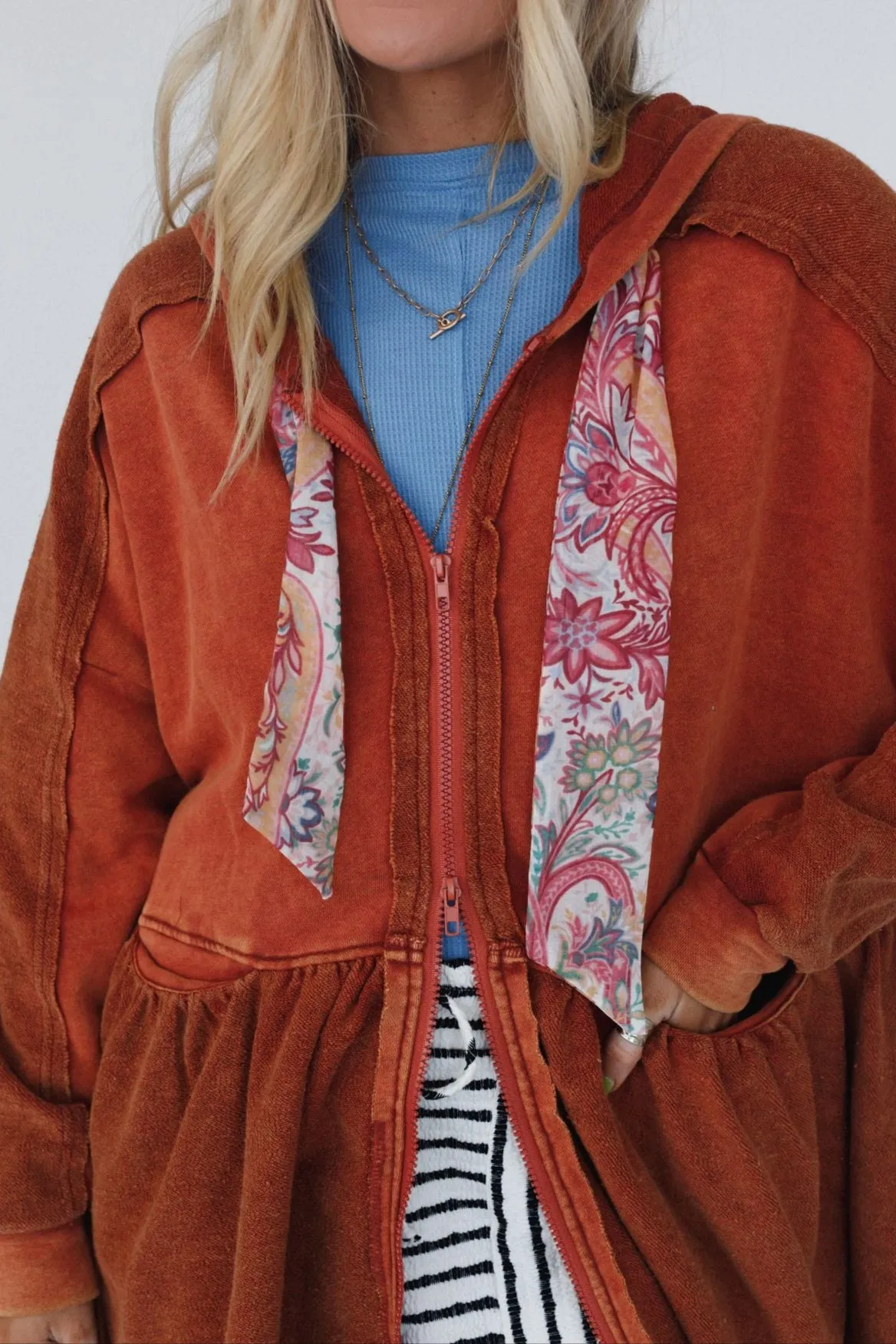 Annie Zip Up Hoodie Shacket - Rust