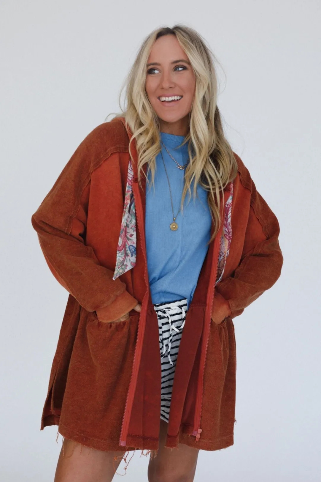 Annie Zip Up Hoodie Shacket - Rust