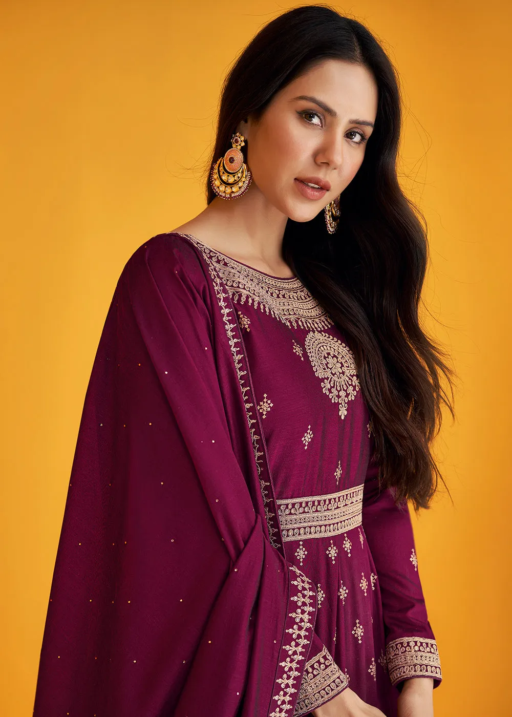 Attractive Purple Silk Festive Long Anarkali Featuring Sonam Bajwa