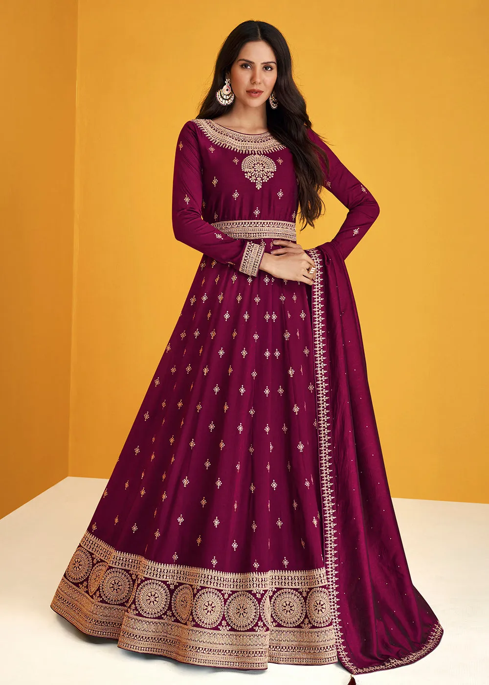 Attractive Purple Silk Festive Long Anarkali Featuring Sonam Bajwa