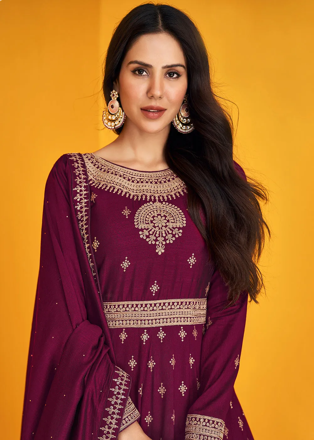 Attractive Purple Silk Festive Long Anarkali Featuring Sonam Bajwa