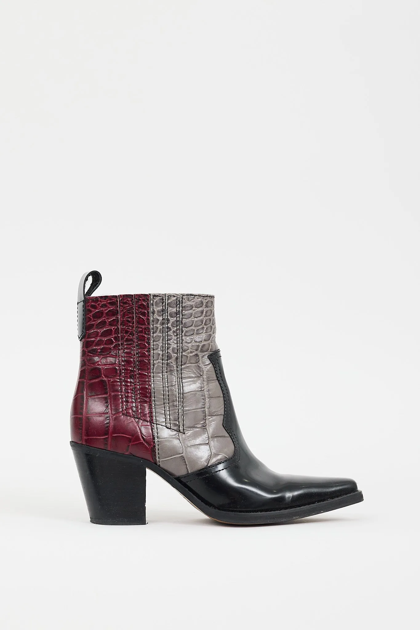 Black & Multicolour Embossed Leather Western Boot