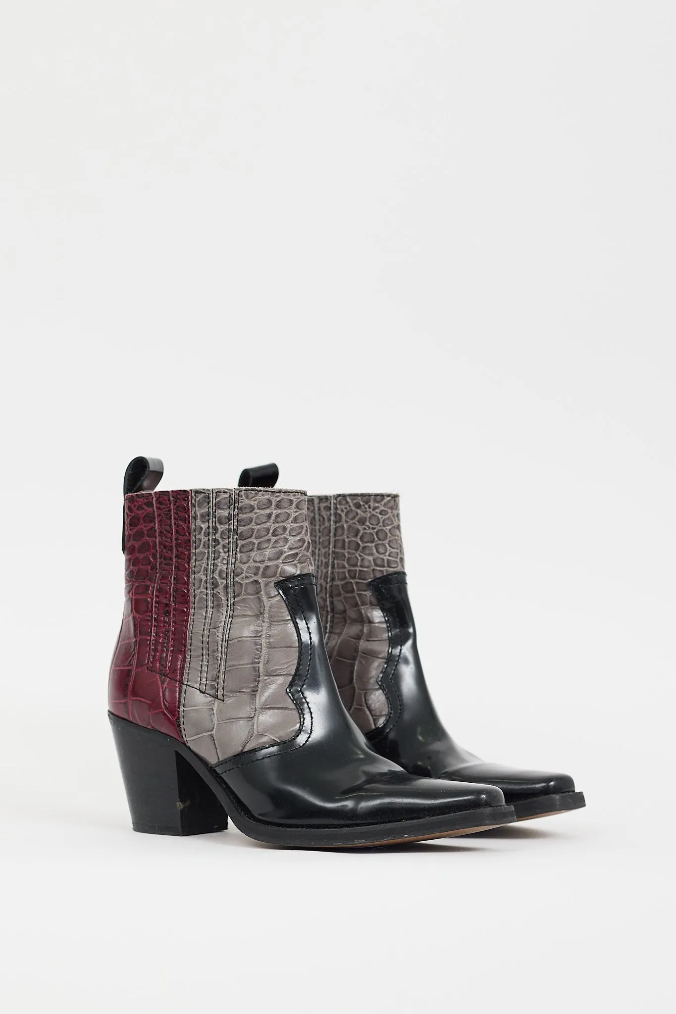 Black & Multicolour Embossed Leather Western Boot