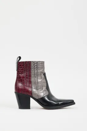 Black & Multicolour Embossed Leather Western Boot