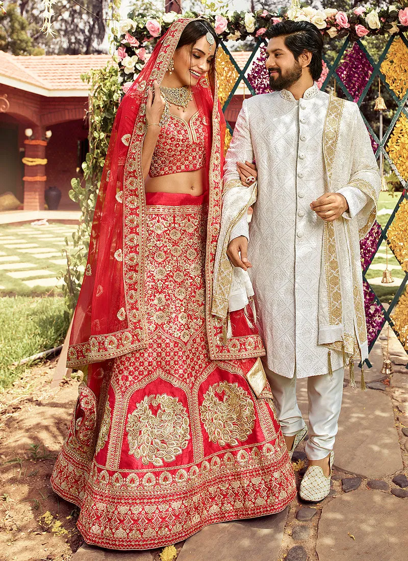 Bridal Red Zari Zarkan Embroidered Wedding Lehenga Choli