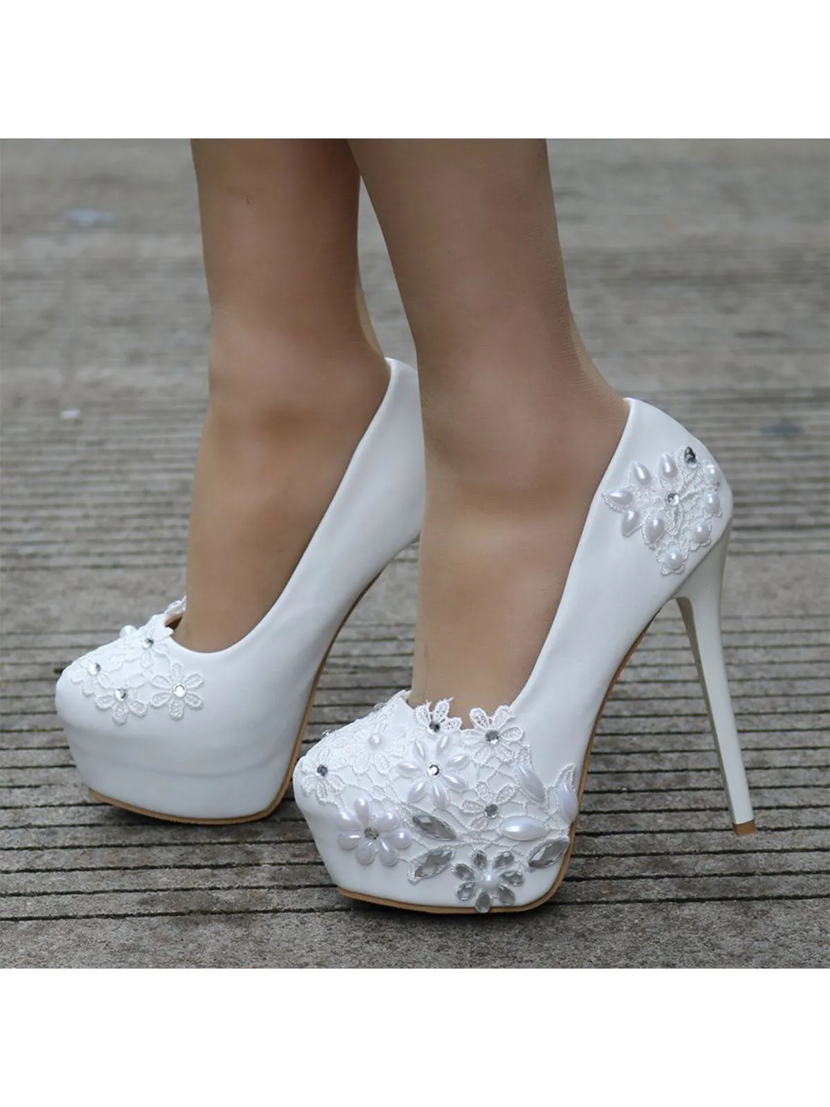 Bridal  Rhinestone Pearl Lace Decor Platform Ultra High Heels