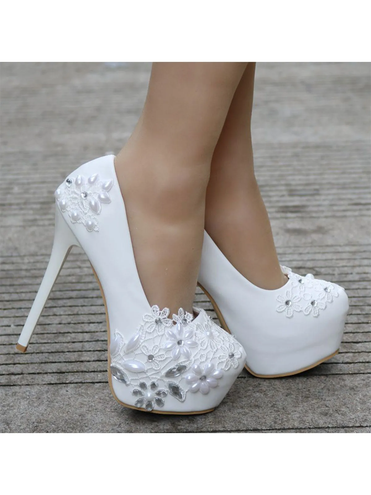 Bridal  Rhinestone Pearl Lace Decor Platform Ultra High Heels