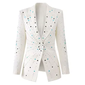Colorful Polka Dot Ladies White Rhinestone Slim Fit Long Sleeved Suit
