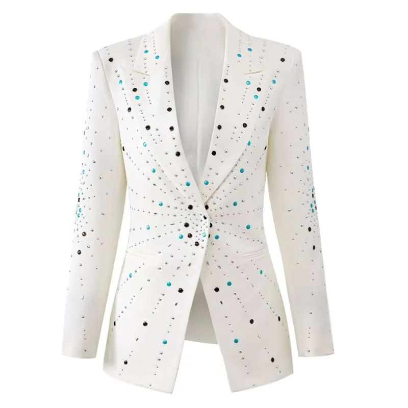 Colorful Polka Dot Ladies White Rhinestone Slim Fit Long Sleeved Suit