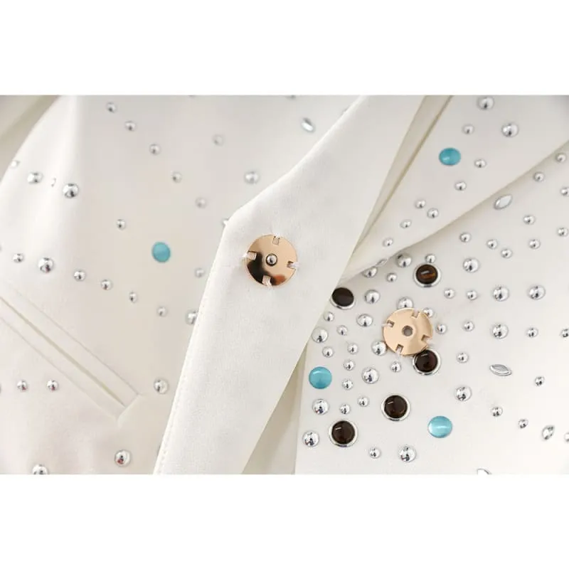 Colorful Polka Dot Ladies White Rhinestone Slim Fit Long Sleeved Suit