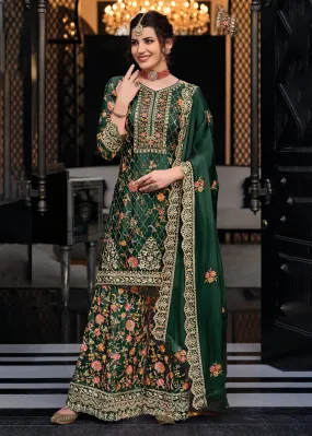 Dark Green Chinon & Georgette Designer Palazzo Salwar Suit