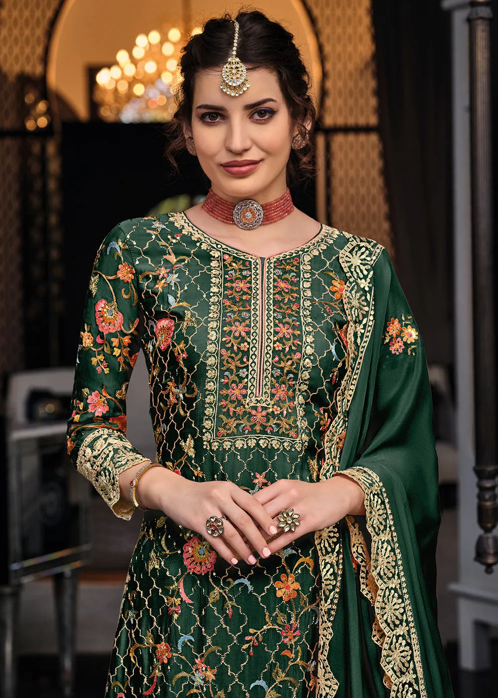 Dark Green Chinon & Georgette Designer Palazzo Salwar Suit