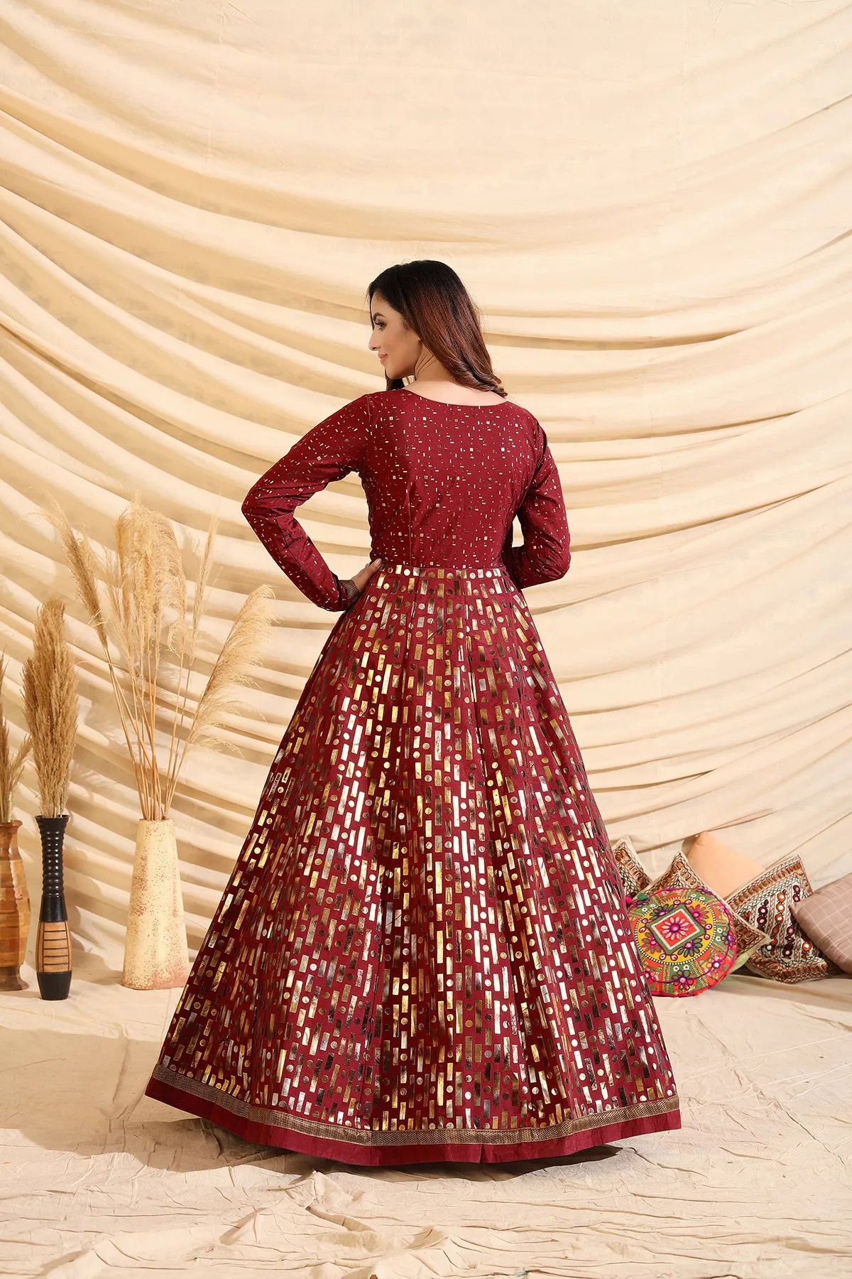 Decent Maroon Color Taffeta Silk Base Foil Print Base Partywear Gown