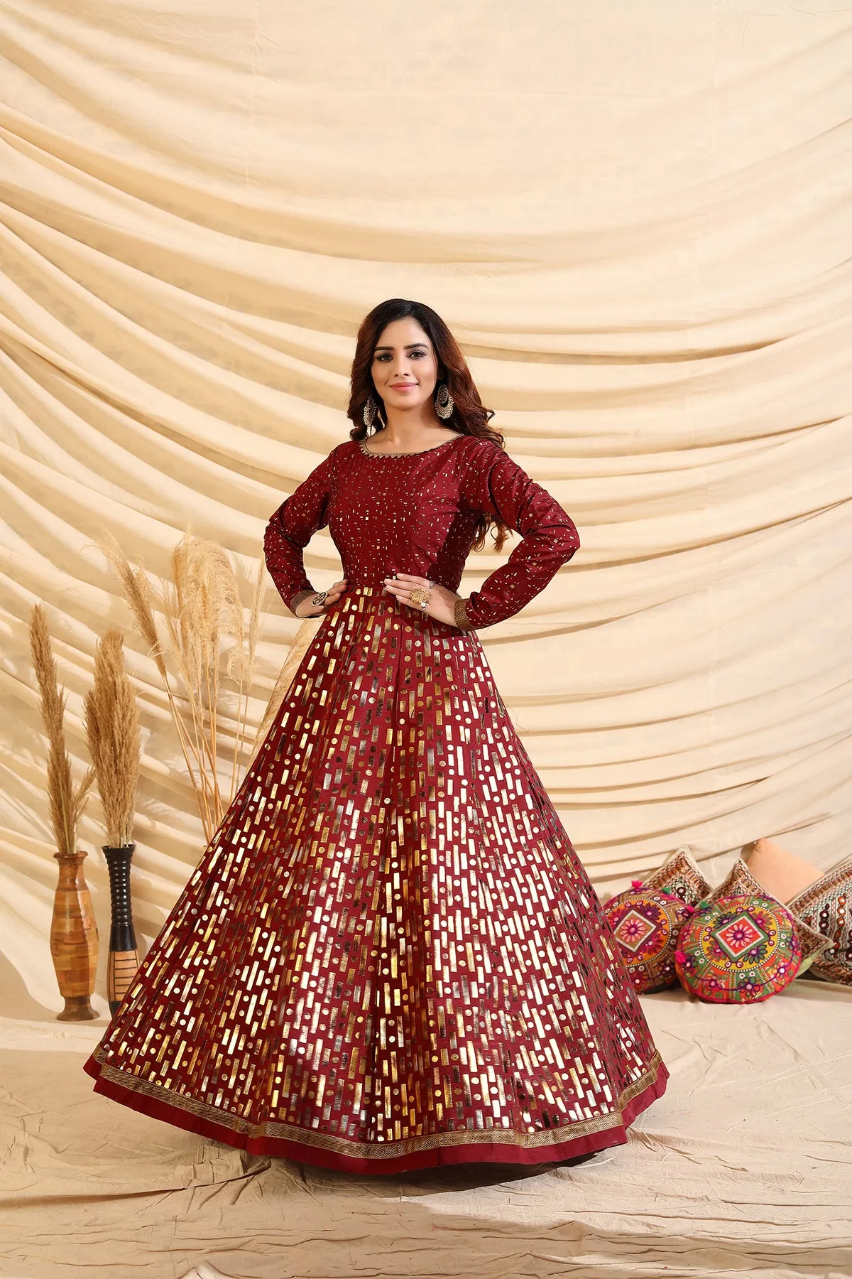 Decent Maroon Color Taffeta Silk Base Foil Print Base Partywear Gown