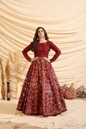 Decent Maroon Color Taffeta Silk Base Foil Print Base Partywear Gown