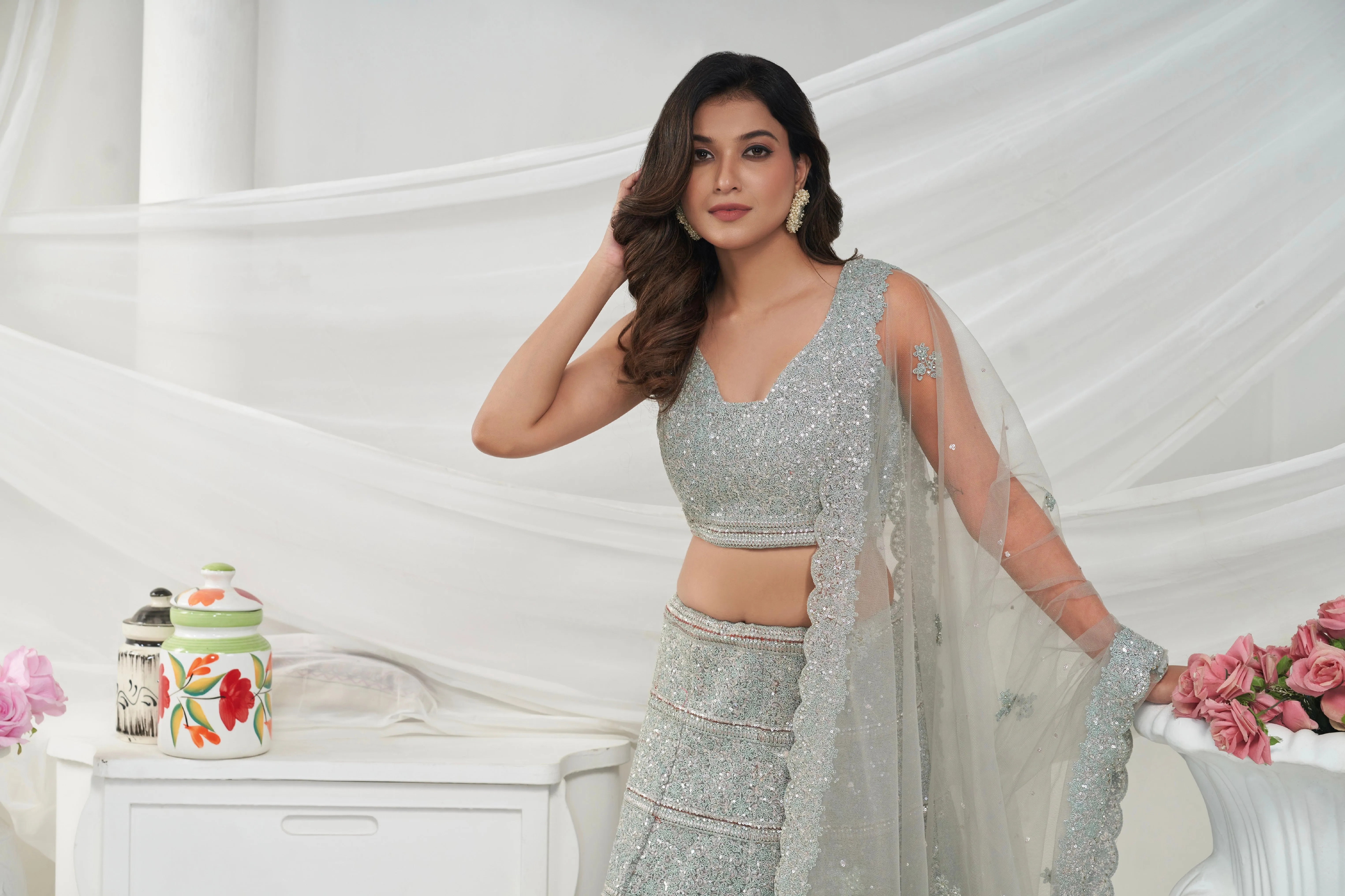 Elegant Grey Lehenga Set with Sequin & Stone Embellishments