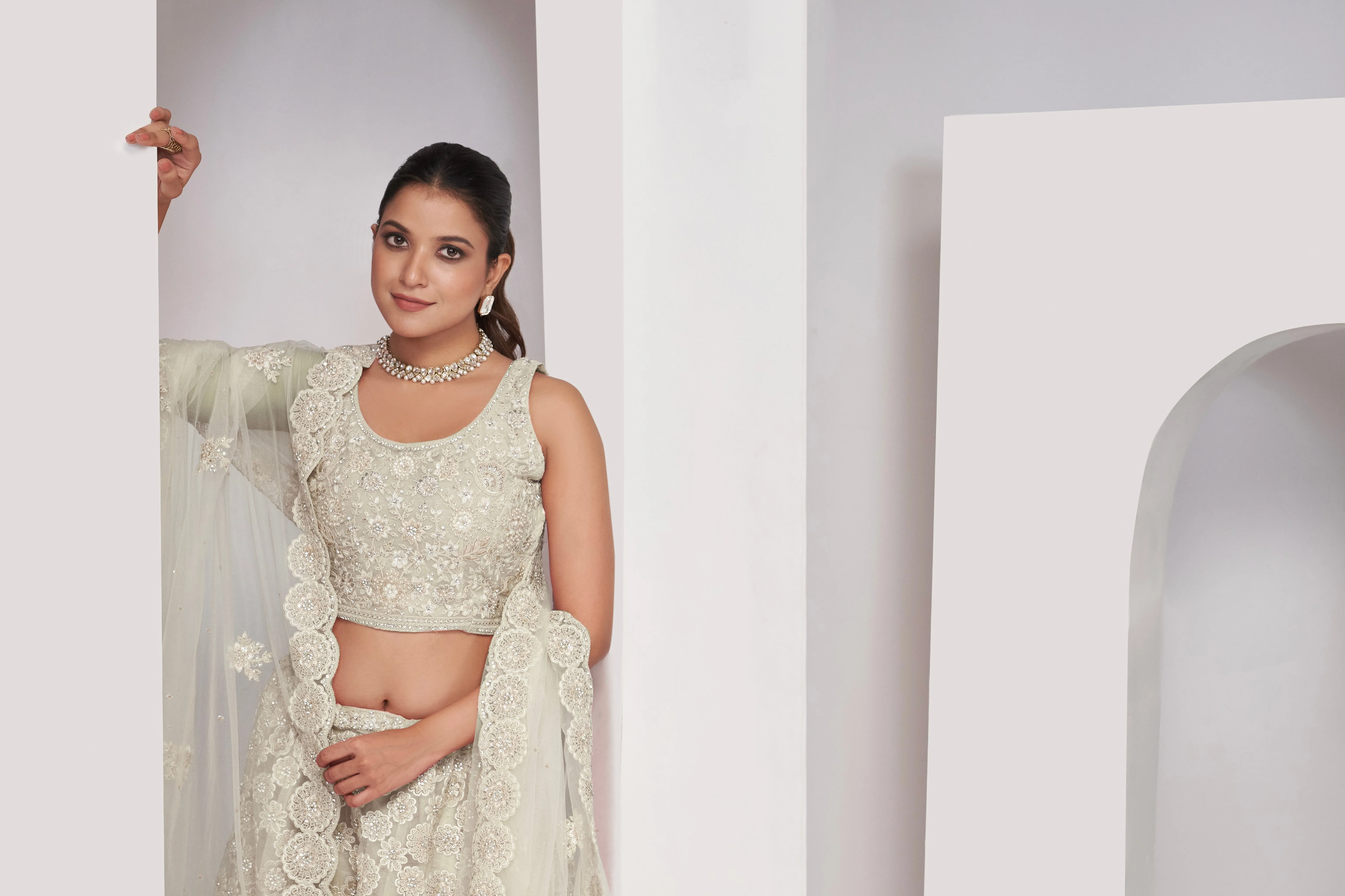 Elegant Ivory Floral Print Lehenga Set | Soft Net Dupatta