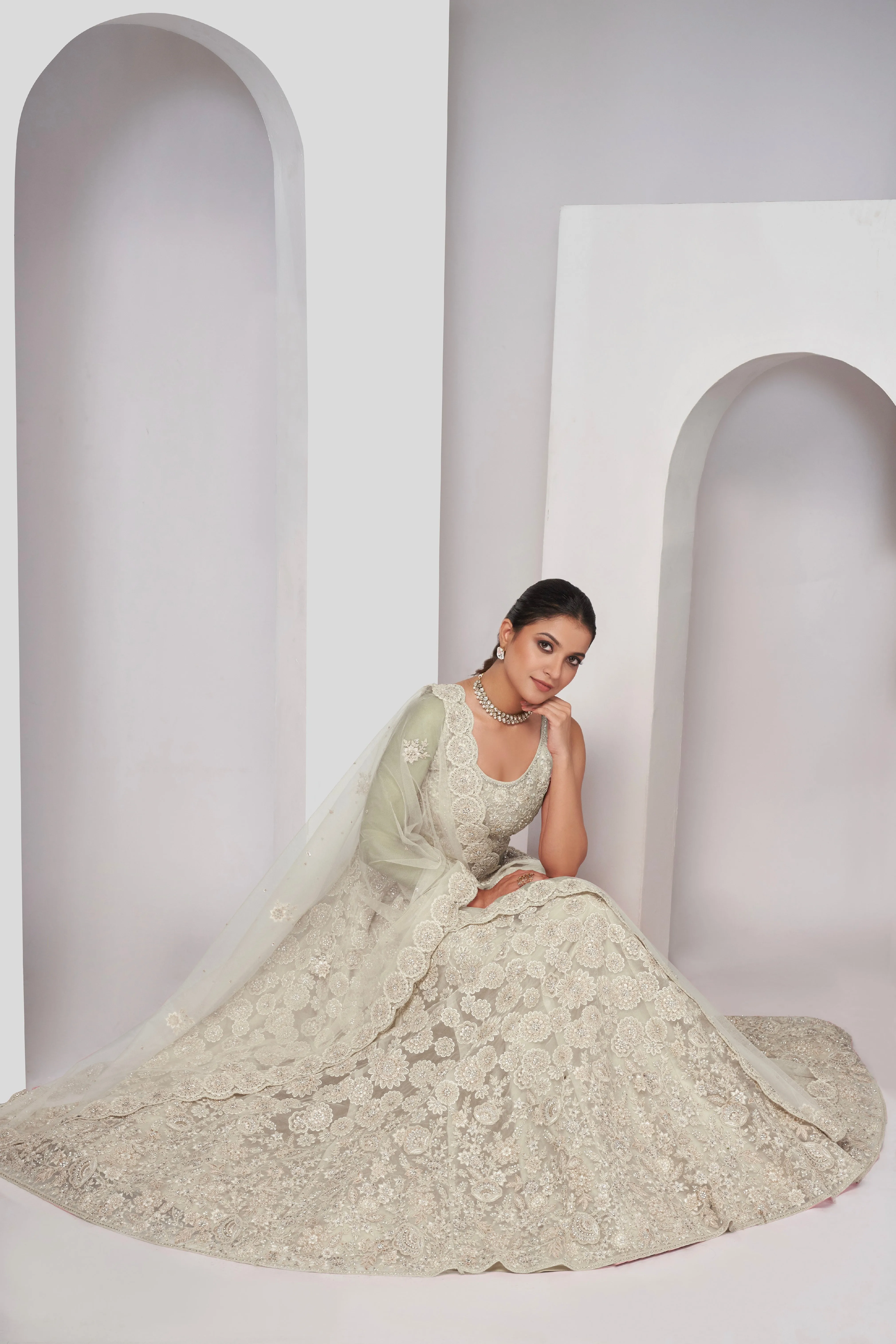 Elegant Ivory Floral Print Lehenga Set | Soft Net Dupatta