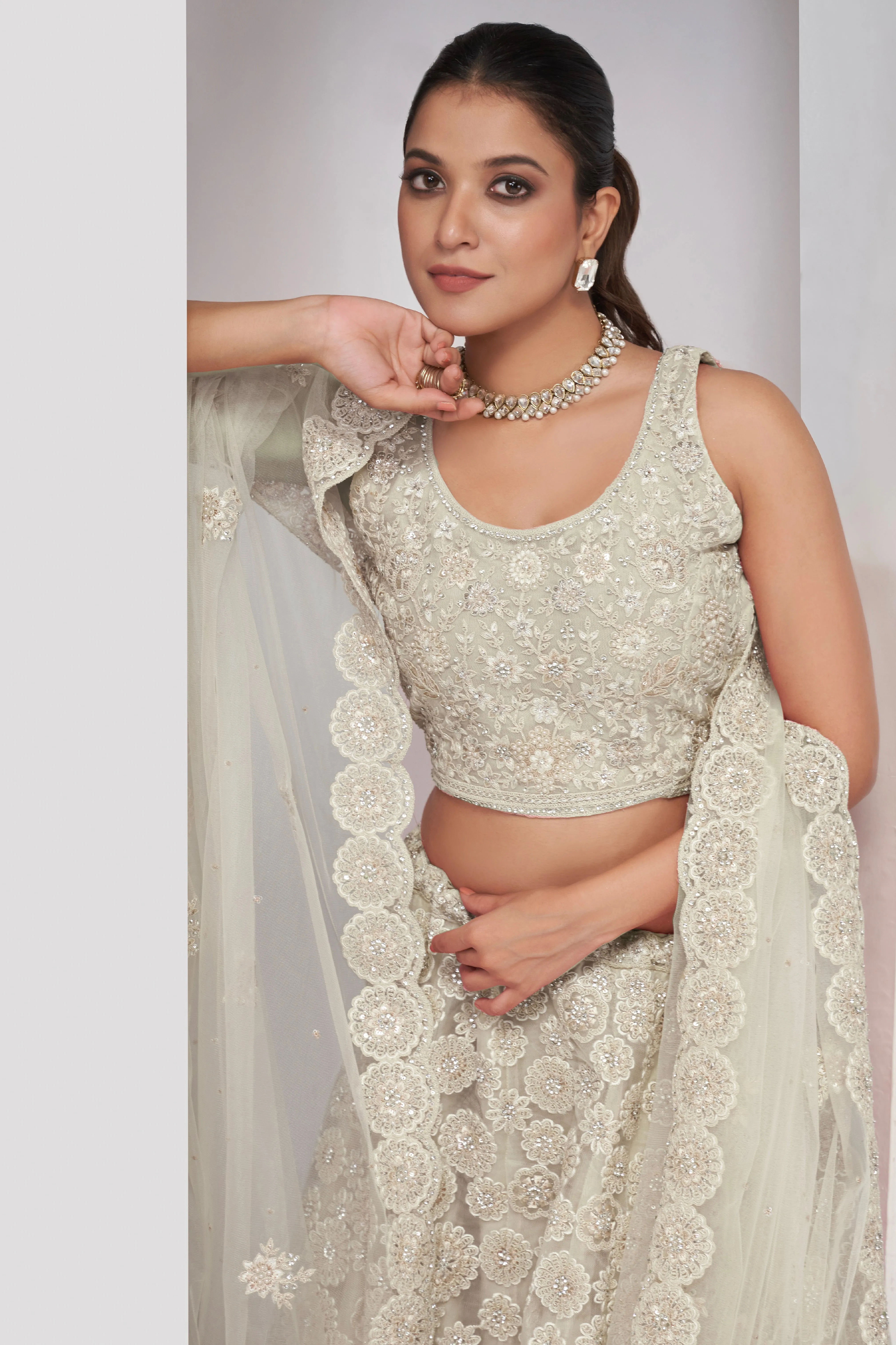 Elegant Ivory Floral Print Lehenga Set | Soft Net Dupatta
