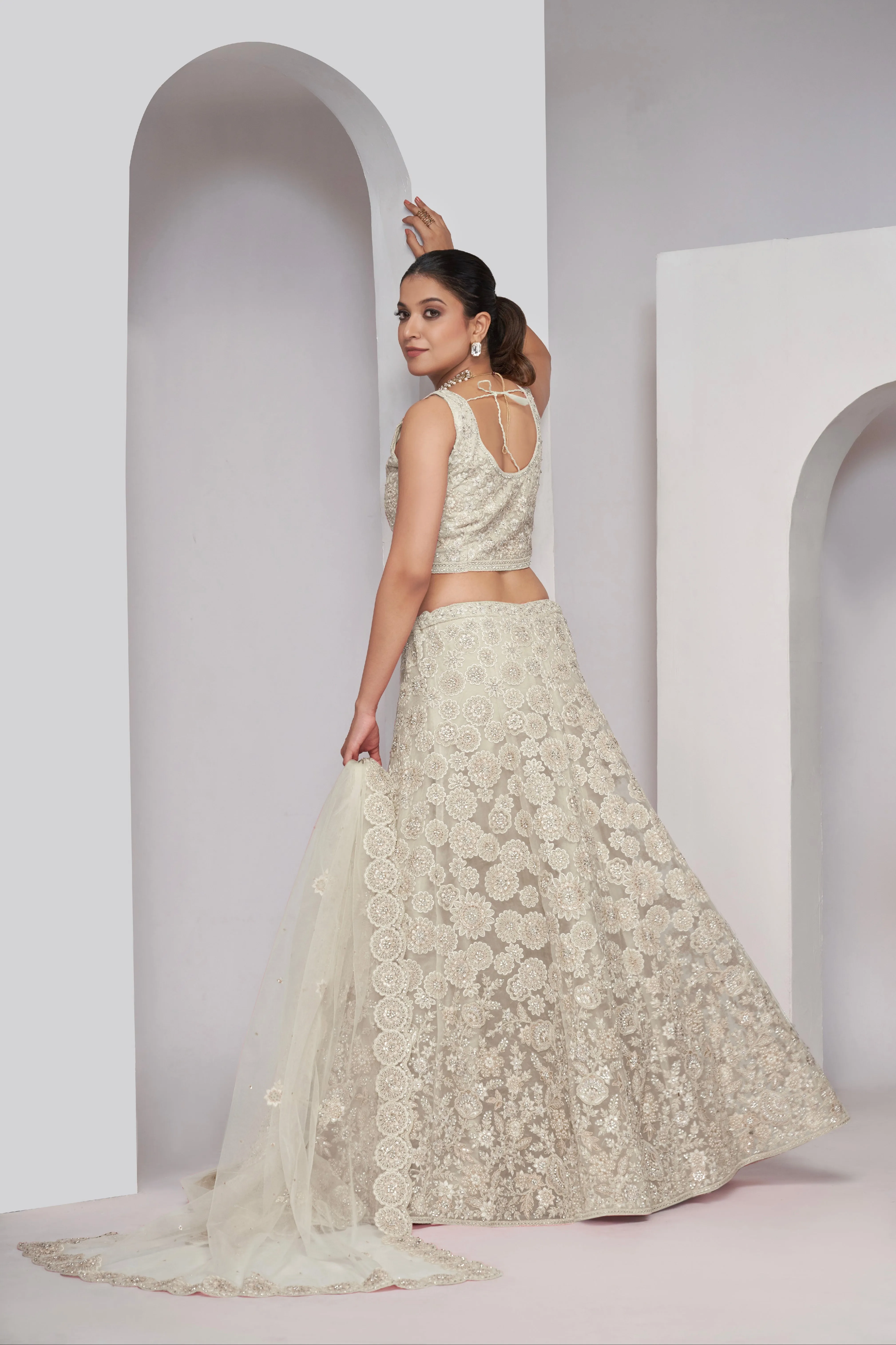 Elegant Ivory Floral Print Lehenga Set | Soft Net Dupatta