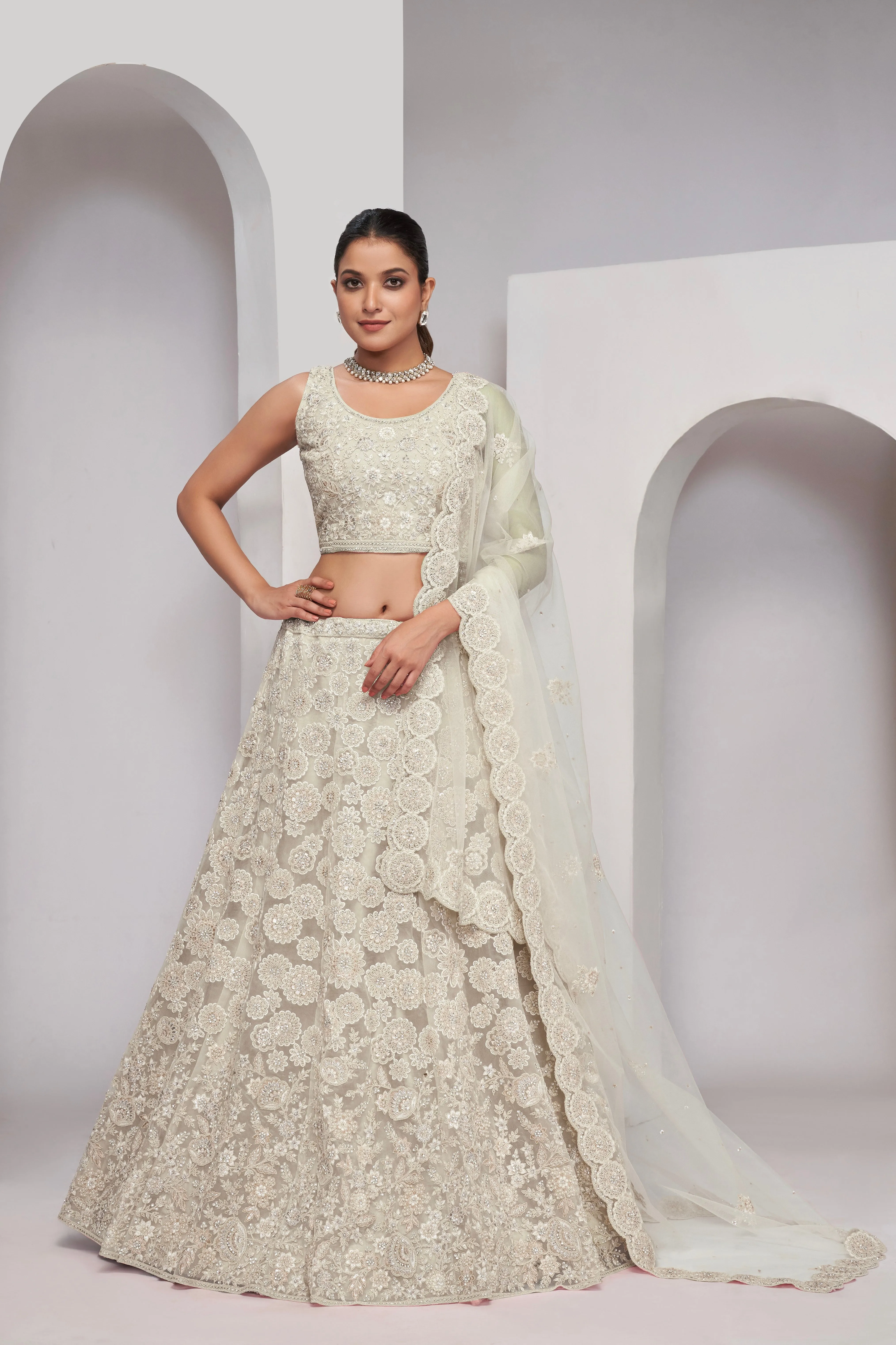 Elegant Ivory Floral Print Lehenga Set | Soft Net Dupatta