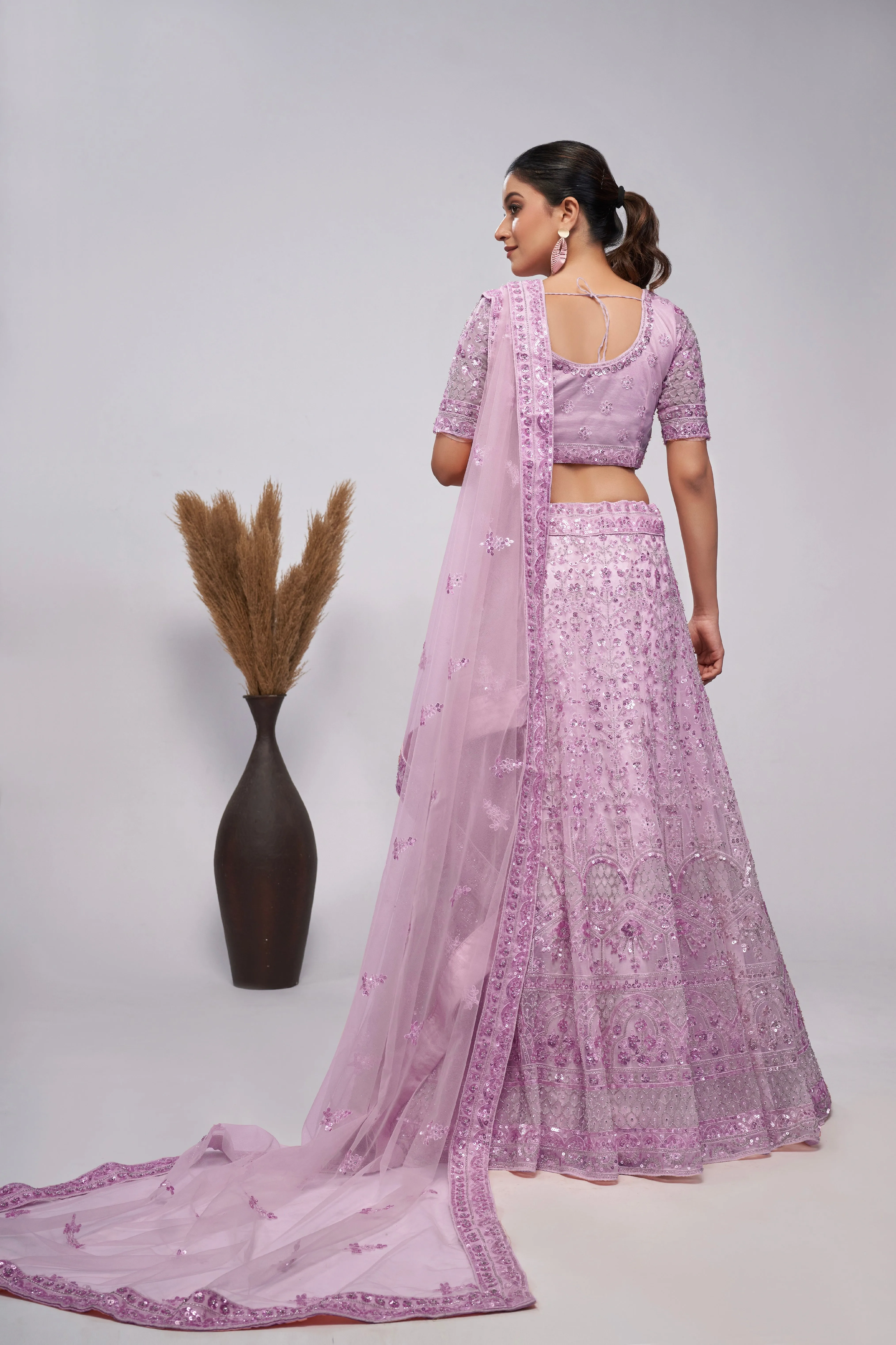 Elegant Mauve Lehenga Set with Cutdana & Sequins Embroidery