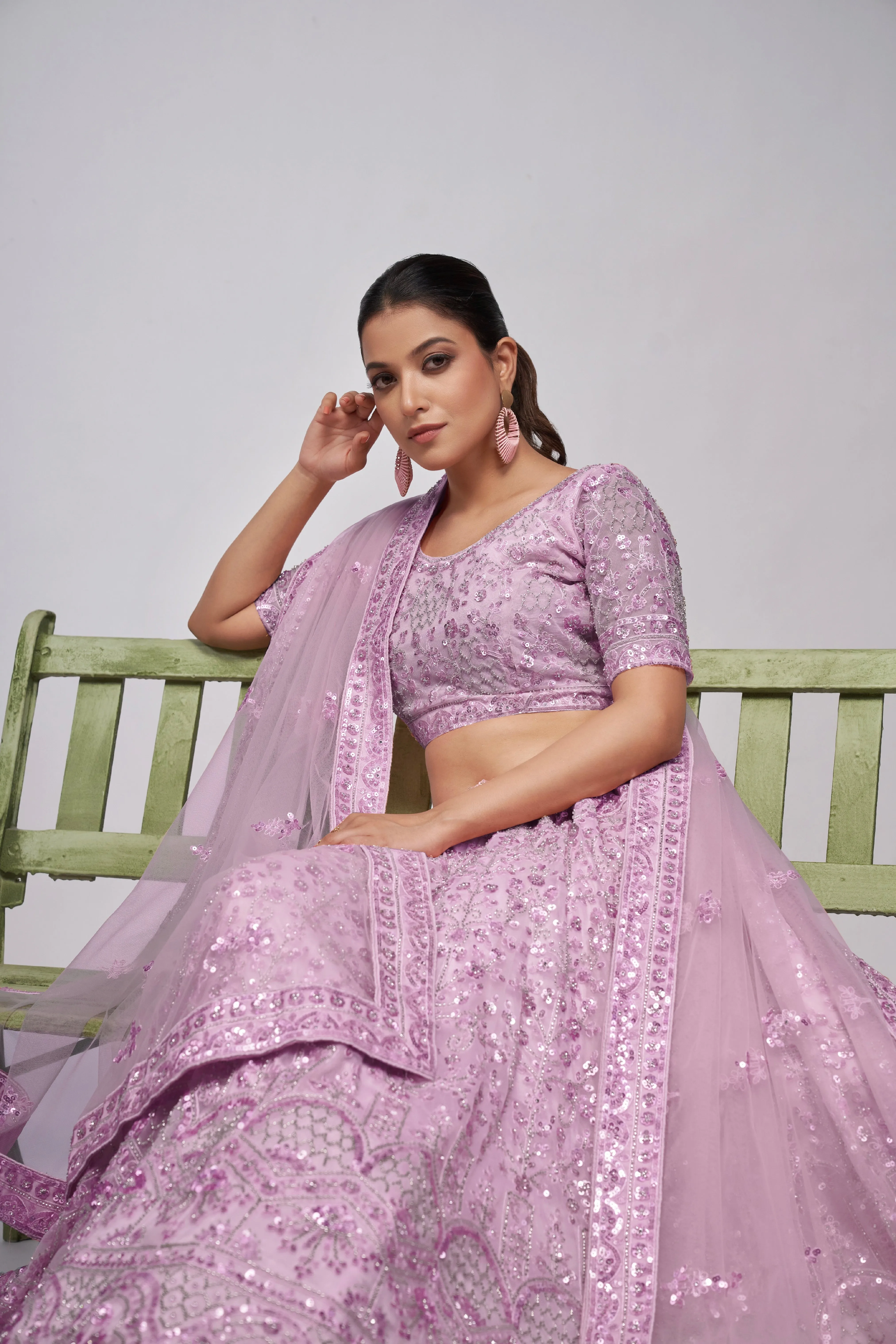 Elegant Mauve Lehenga Set with Cutdana & Sequins Embroidery