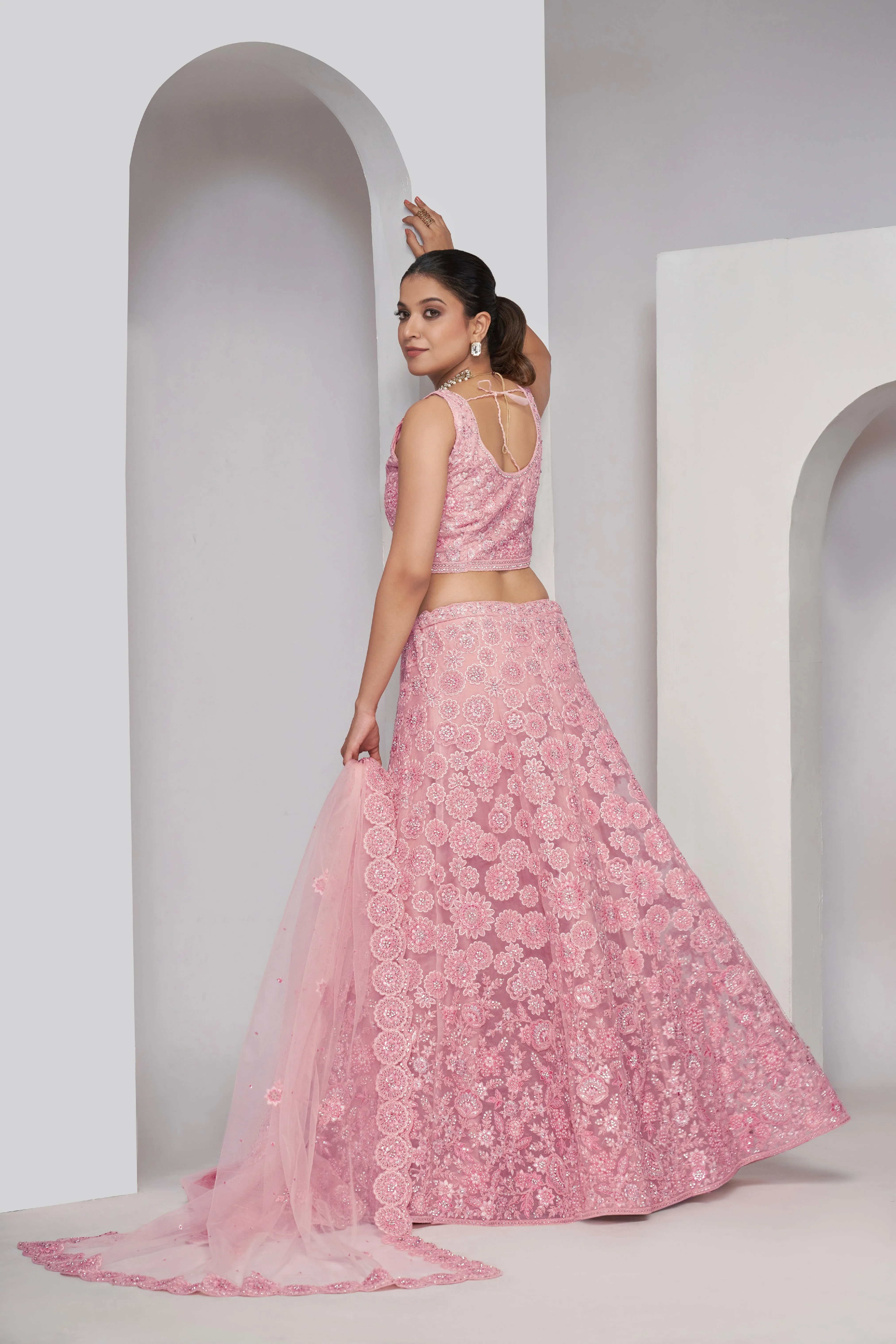 Elegant Pink Floral Print Semi-Stitched Lehenga Set with Soft Net Dupatta