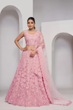Elegant Pink Floral Print Semi-Stitched Lehenga Set with Soft Net Dupatta