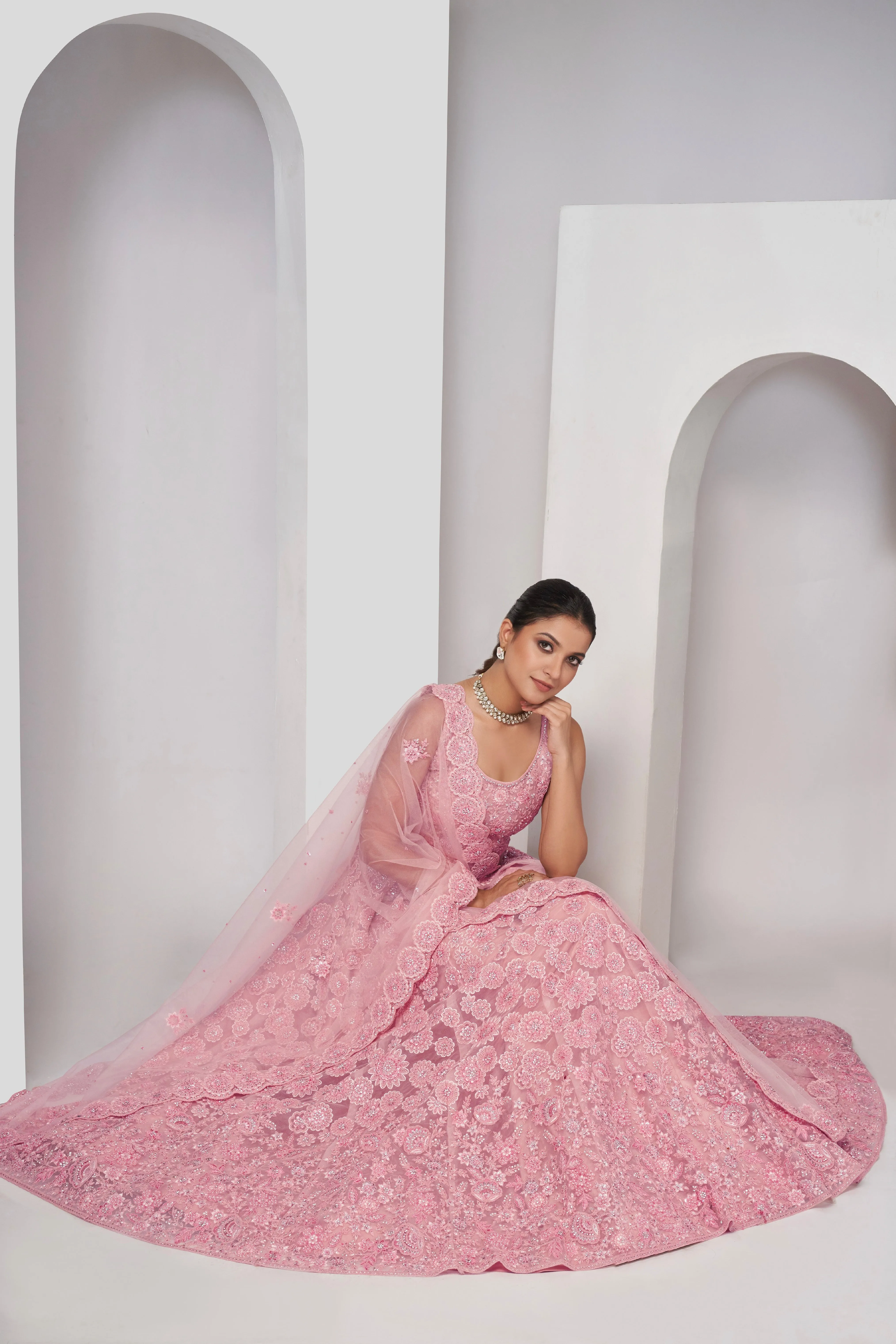 Elegant Pink Floral Print Semi-Stitched Lehenga Set with Soft Net Dupatta