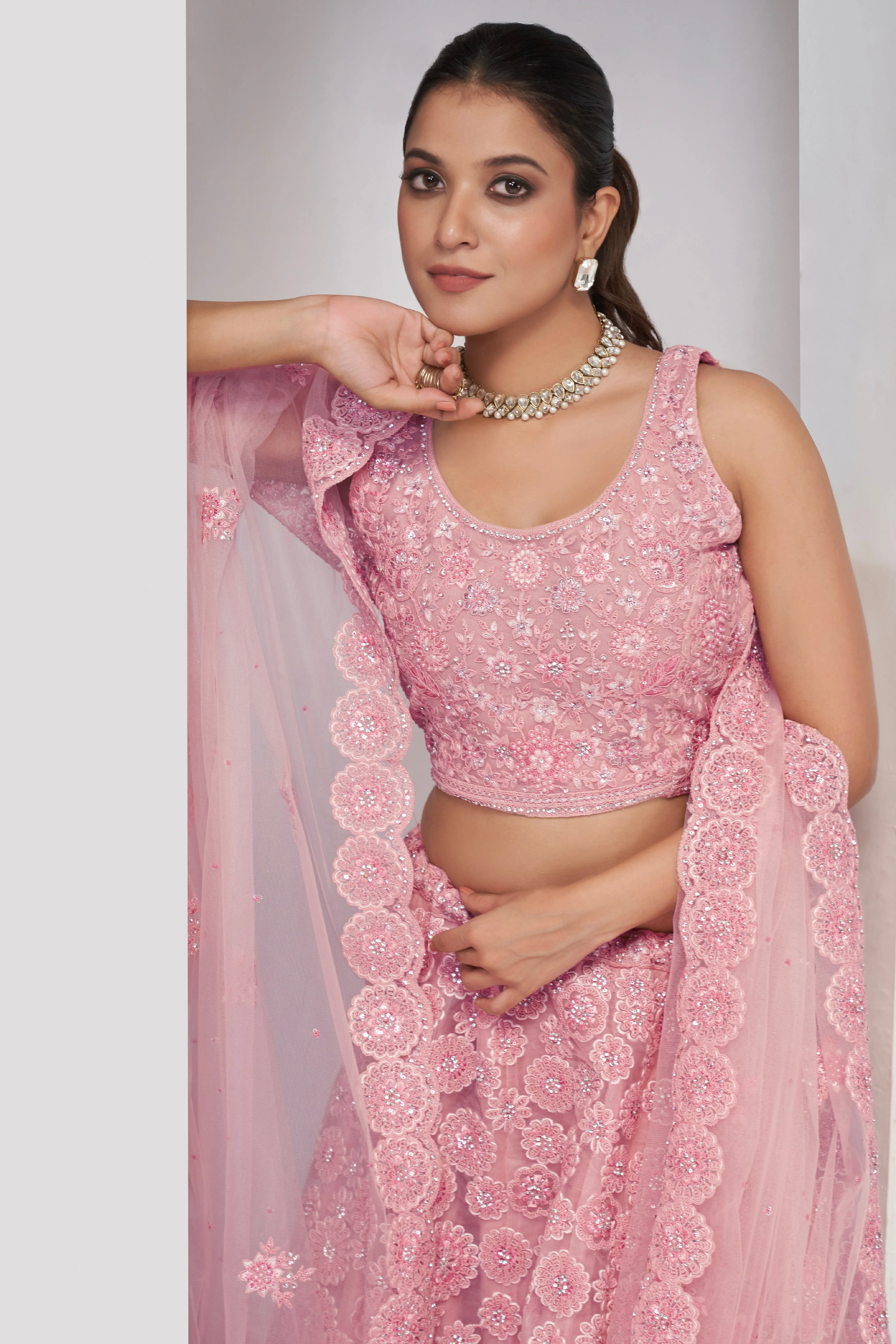 Elegant Pink Floral Print Semi-Stitched Lehenga Set with Soft Net Dupatta