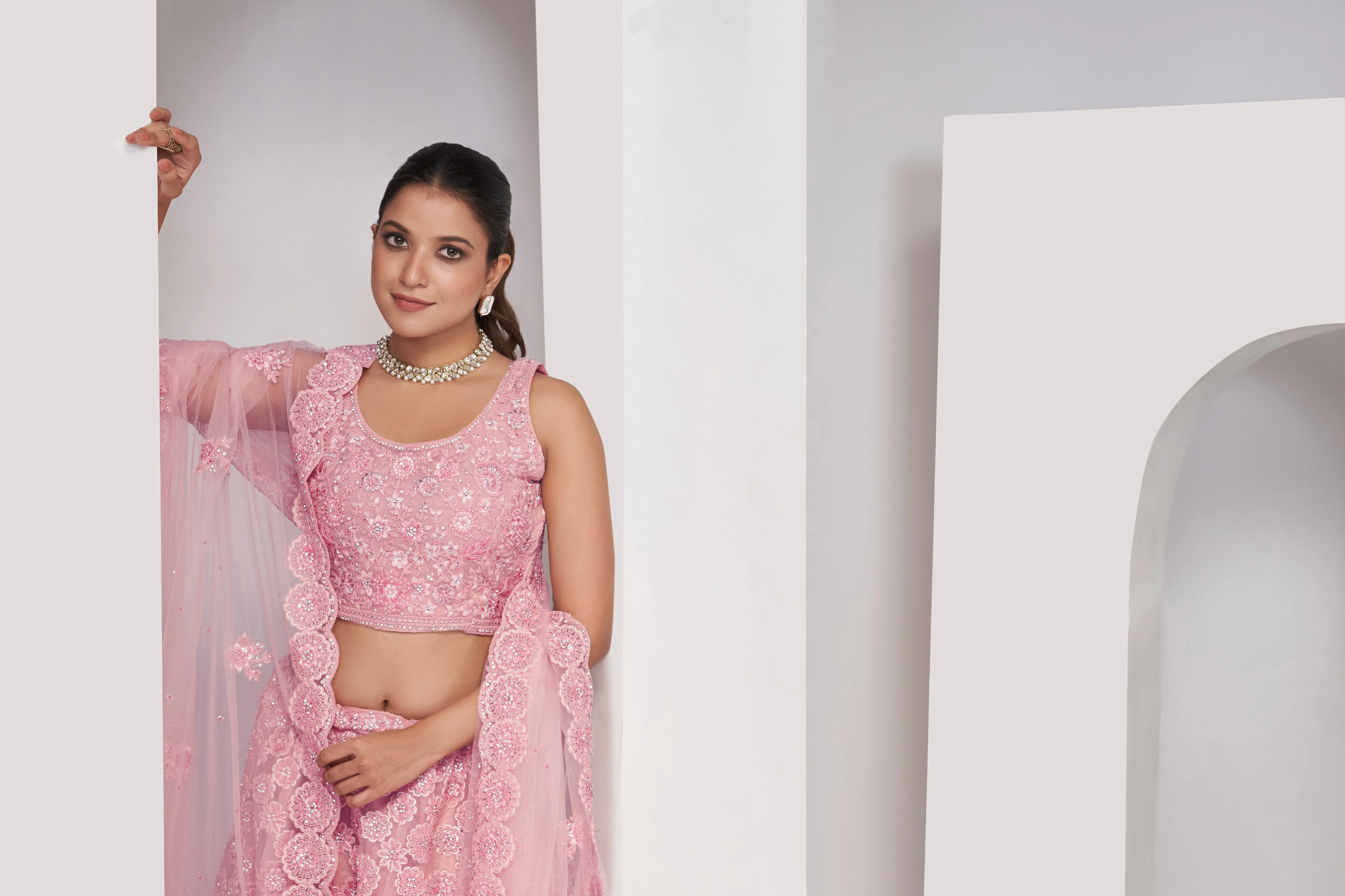 Elegant Pink Floral Print Semi-Stitched Lehenga Set with Soft Net Dupatta