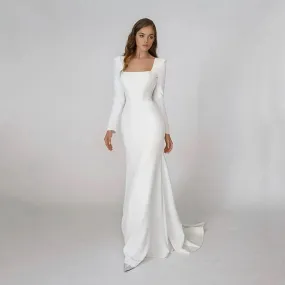 Elegant Satin Mermaid Wedding Dress Square Neck Long Sleeves Backless Party Bridal Dress Bride Dress Vestido De Noiva