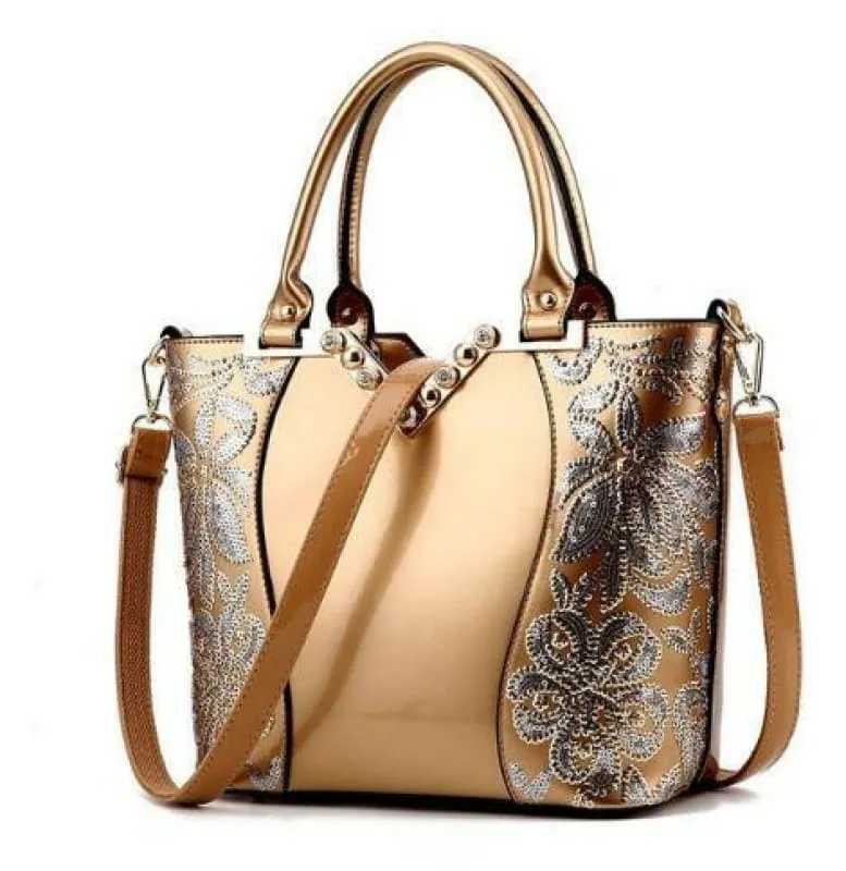 Elegant Sequin Embroidered Womens Bag in Patent Leather and Gold