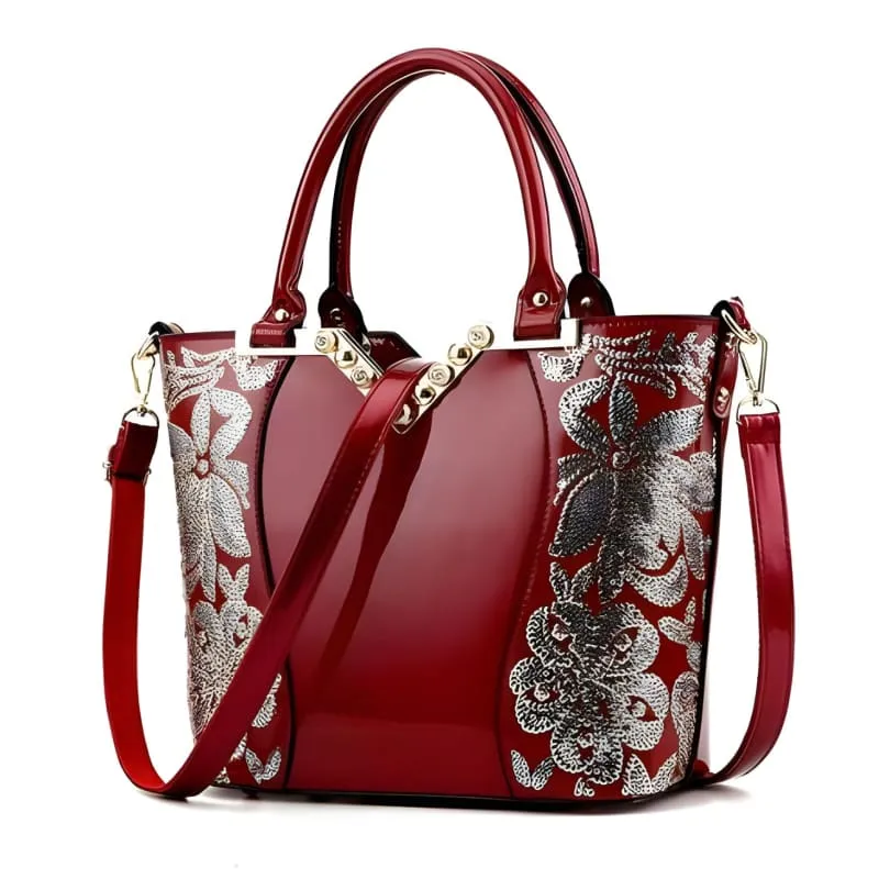 Elegant Sequin Embroidered Womens Bag in Patent Leather and Gold
