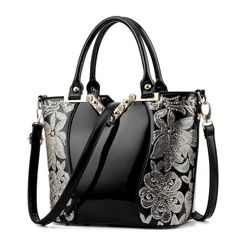 Elegant Sequin Embroidered Womens Bag in Patent Leather and Gold