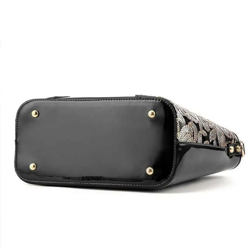 Elegant Sequin Embroidered Womens Bag in Patent Leather and Gold