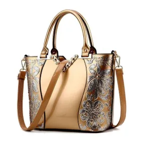 Elegant Sequin Embroidered Womens Bag in Patent Leather and Gold