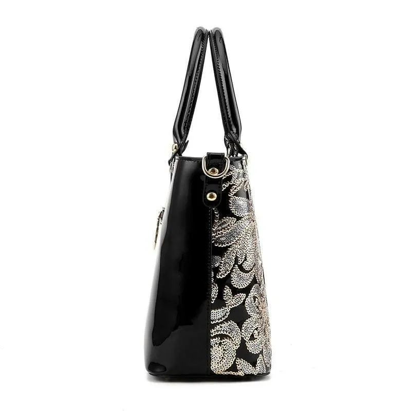 Elegant Sequin Embroidered Womens Bag in Patent Leather and Gold